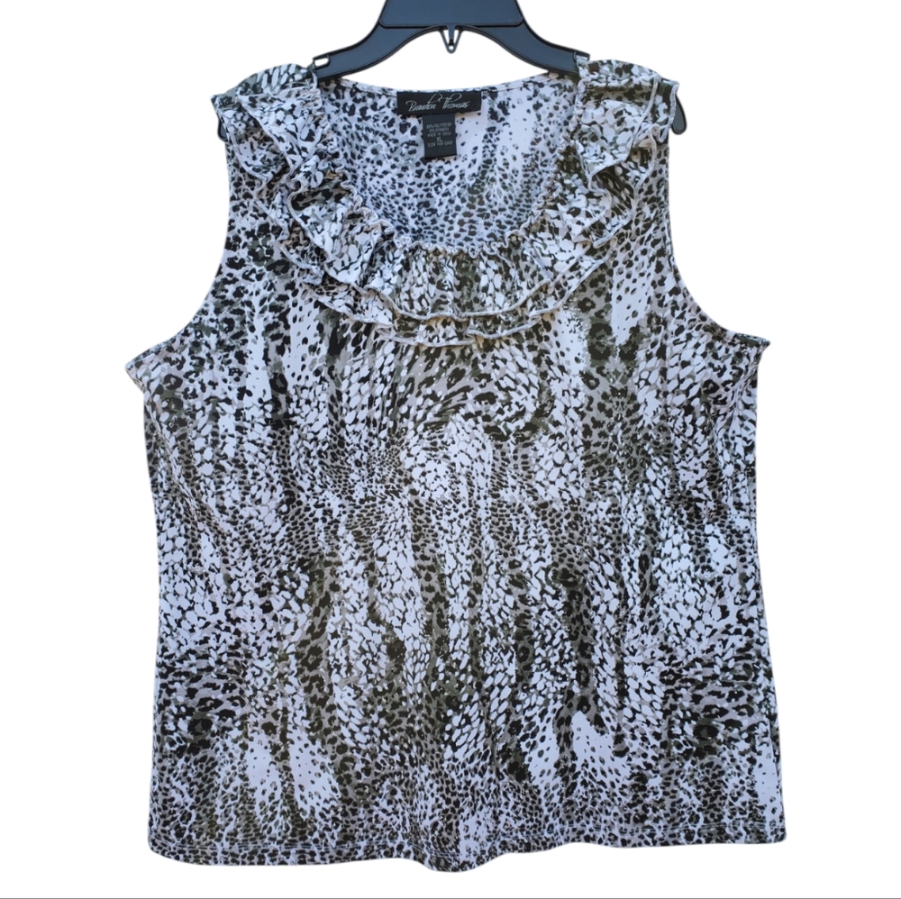 Brandon Thomas Black and White Sleeveless Ruffled Blouse with Bib Collar